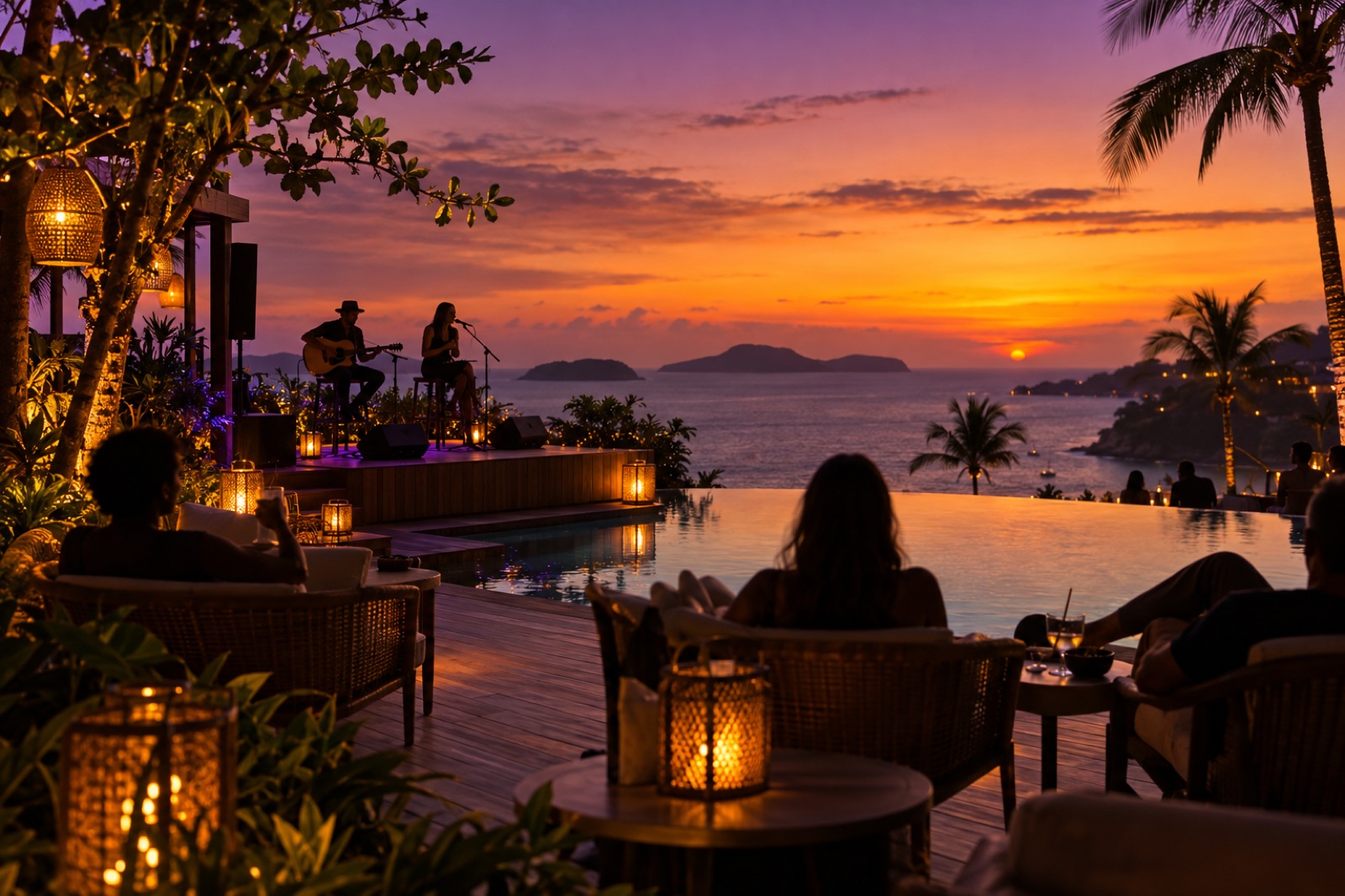 Apresentação acústica em resort ao entardecer